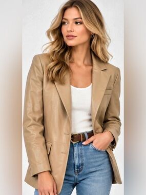 Dolan Left Coast Collection Anthropologie Tan Faux Leather Boyfriend Blazer